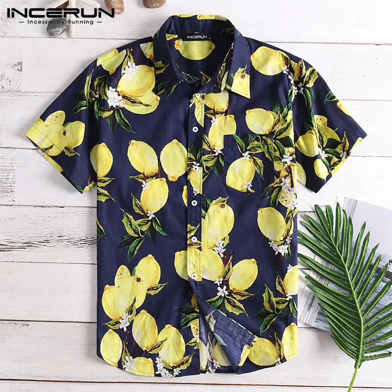 

INCERUN Summer Lemon Fruit Printing Mens Casual Shirt Lapel Neck Cotton Loose Short Sleeve Hawaiian Shirts Men Camisa 2019 S-5XL