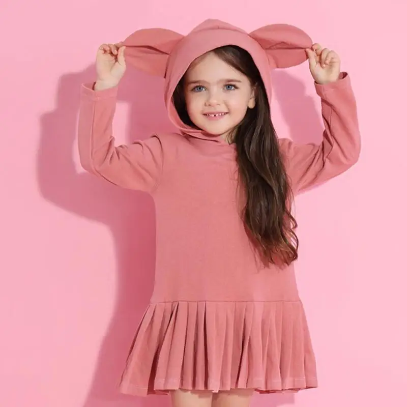 

Sweet Solid Color Rabbit Ears Hooded Pleated Dress Girls Kids Casual Wear