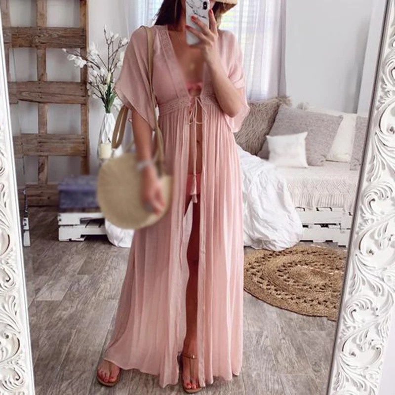 

Ladies Casual Solid Color Lace Up Dress Bikini Cover Up Cardigan Robe Long Maxi