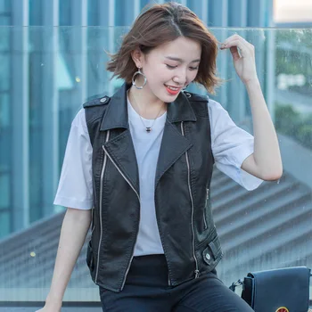 

2018 New Fashion Women Black Pu Leather Vest Sleevess Motorcycle Tops Waistcoat Female Short Slim Coat Gilet Jacket Outwear