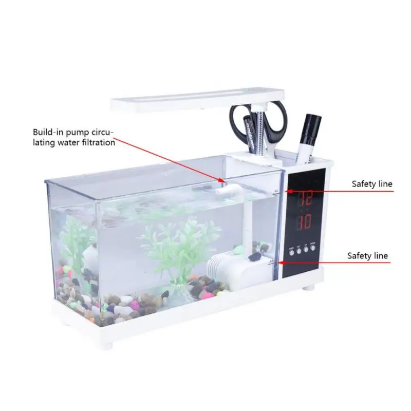 Мини аквариумные рыбки USB аквариум со светодиодный светильник ЖК-дисплей экран и часы аквариумные рыбки черный/белый настольный декор