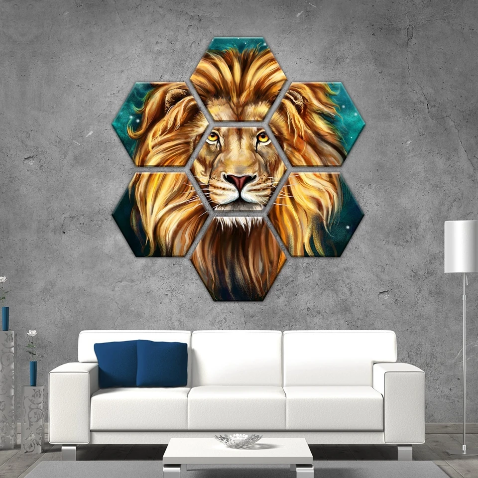 

Canvas Pictures Modular Home Decor 7 Pieces Lion Animal Painting Prints Abstract Fractal Hexagonal Poster Living Room Wall Art
