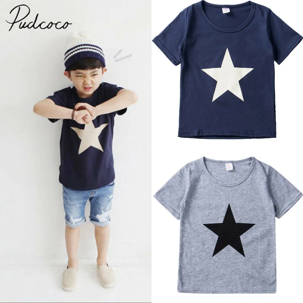 Коллекция года, новая брендовая футболка для маленьких мальчиков однотонный пуловер с короткими рукавами и принтом звезды милые топы для детей, блузка летняя футболка