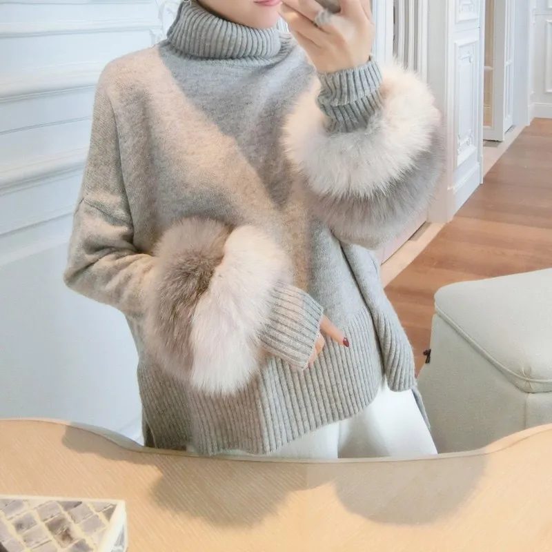 Pulls Élégant Chandail Fourrure bleu gris Pullover Couleurs Femelle Frappé Col Manteau Asymétrique Patchwork Beige Roulé Femmes Peluche pxUHqnIH