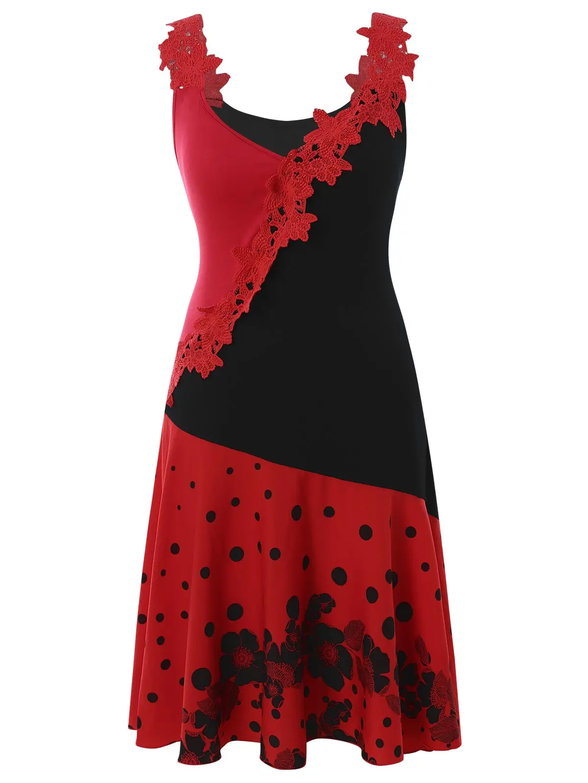 

Wipalo Plus Size Lace Panel Dress Gothic Vintage Two Tone Dress Women Summer Polka Dot Print A-Line Vestidos Femme V Neck Dress