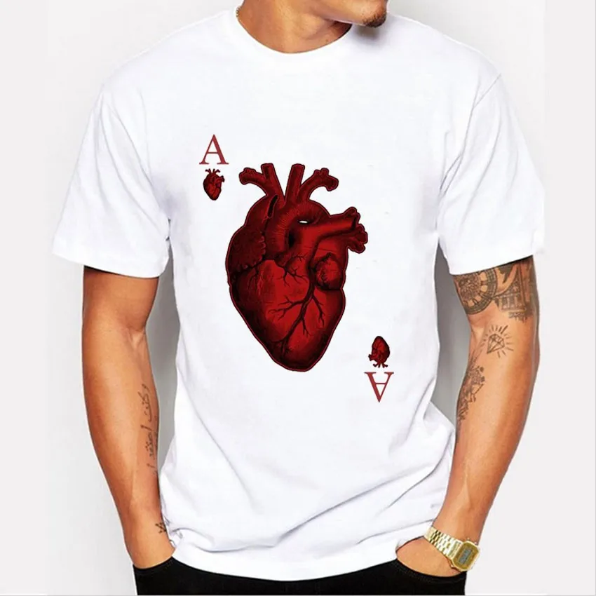 2019 летние новые мужские покер карты Сердце печати белая футболка с короткими рукавами круглый вырез пуловер комфорт Популярные