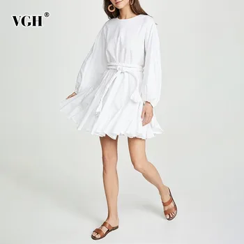 

VGH 2020 Casual White Pleated Dress For Female O Neck Long Lantern Bandage High Waist Mini Female Dresses Fashion New Tide