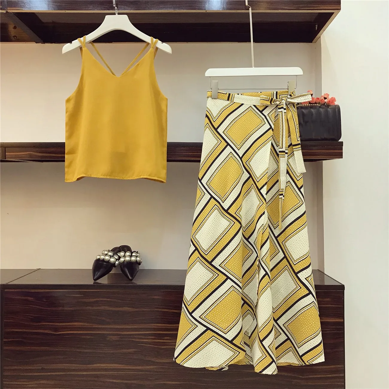 Boho Skirts Suit Bohemian Women Summer Solid V Neck Camis Vest Top High