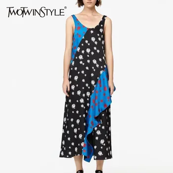 

TWOTWINSTYLE Vintage Print Hit Color Patchwork Women Dress Sleeveless Ruffles Loose Midi Dresses Female 2020 Summer Fashion