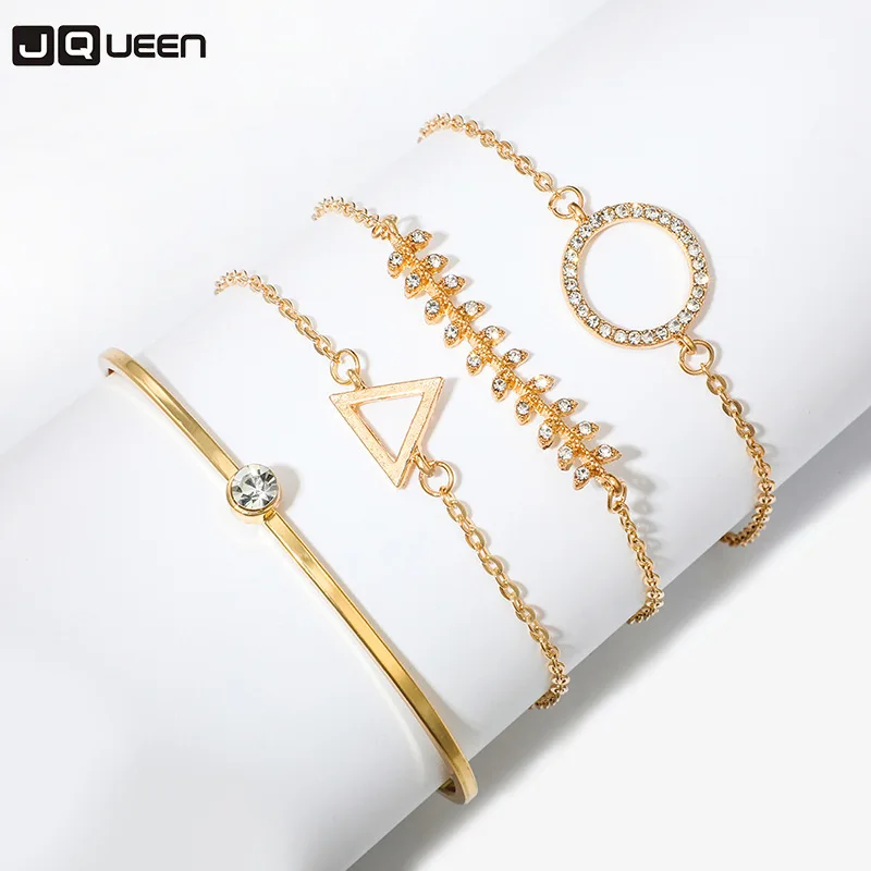 

Retro Leaves Triangle Round Crystal Leaf Geometry Women Adjustable Gold Bracelet Set Female Charm Wedding Birthday Gift