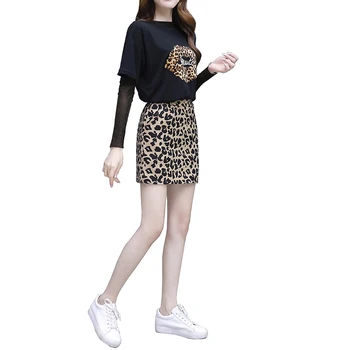 

suit new spring suit fashion spring leopard grain two pcs clothing set women outfit top black hoodies print skirt vestidos
