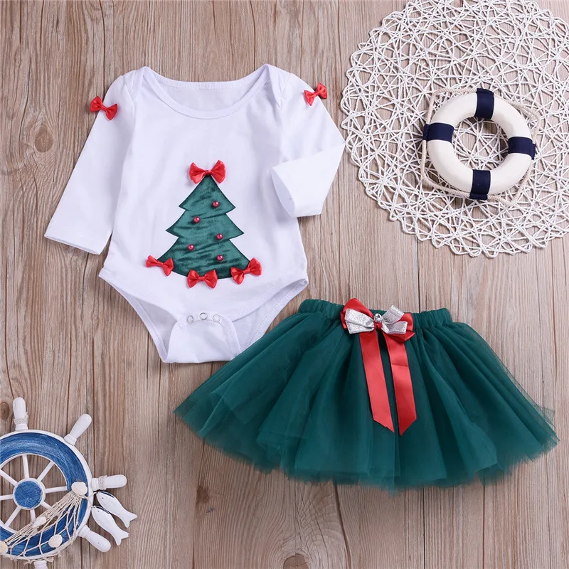 Baby Christmas Clothes Set Newborn Long Sleeve Bodysuit Tutu Lace Skirt 2pcs Xmas Outfits Christmas Tree Print Clothes