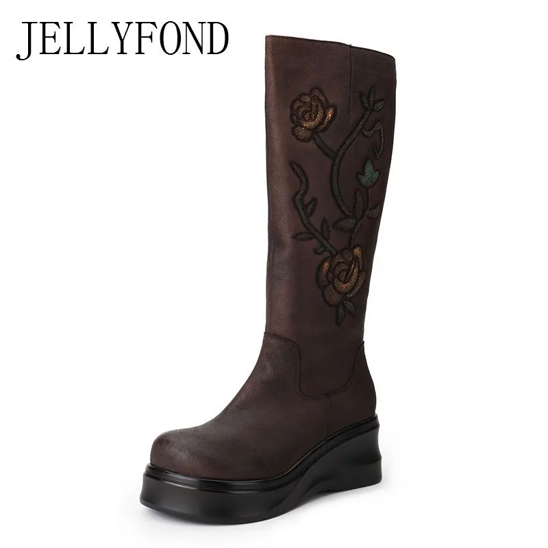 

Natural Genuine Leather Knee High Boots Women 2018 Vintage Flower Embroidery Platform High Heels Wedge Boots Thigh High Booties