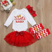 Комплект из 4 предметов; Рождественский комбинезон с Санта-Клаусом для малышей; юбка-пачка; гетры; комплект одежды для новорожденных девочек