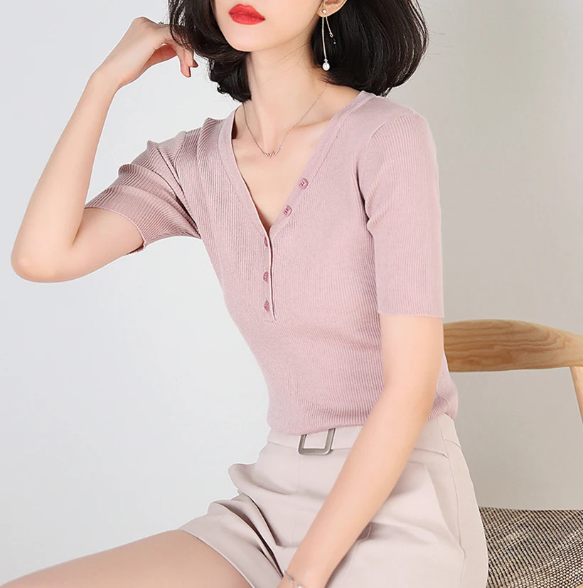 

Spring and summer new style Korean women's solid color knitted Chiffon shirt Slim-fit sweater top
