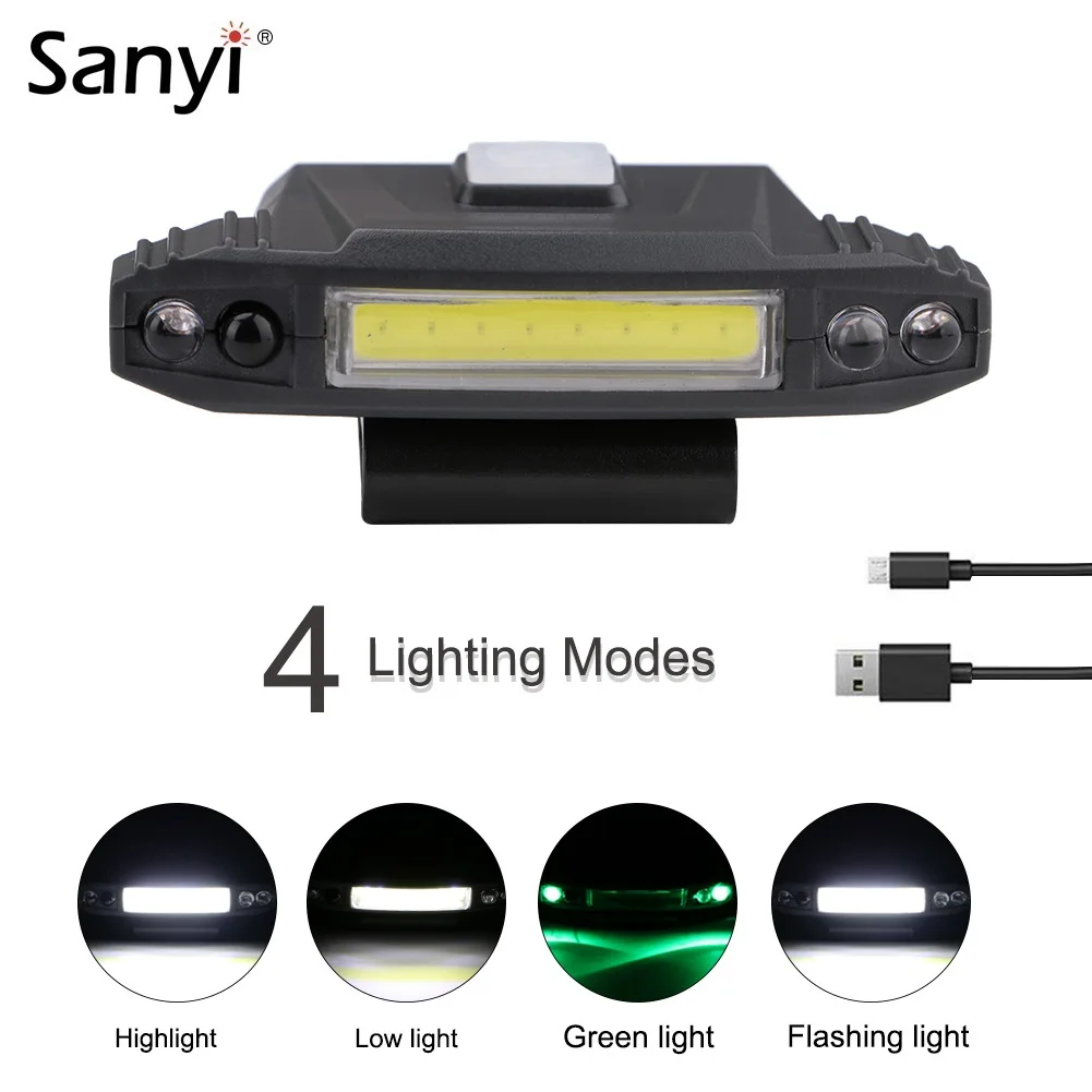 

Sanyi COB LED Motion Sensor Headlamp Cap Light 90 Degree Rotatable Clip-on Hat Lamp Induction Head Lamp Lantern Built-in Battery