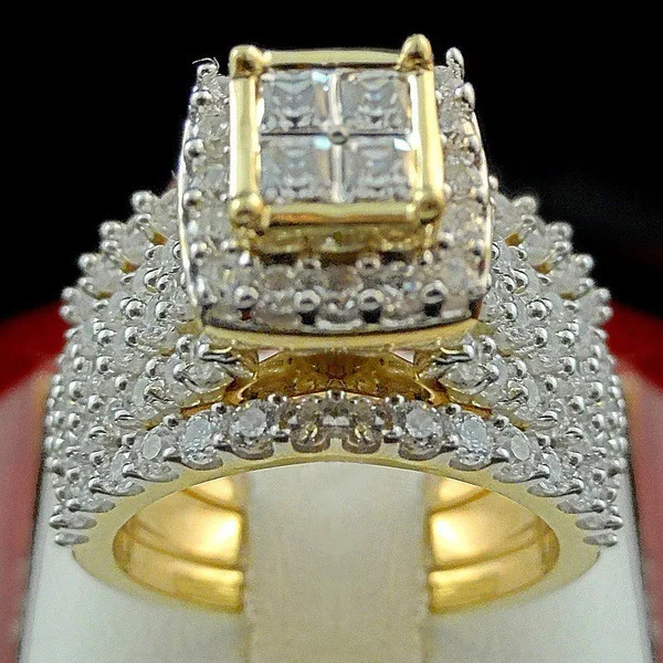18K Golden Diamond Princess Square Ring Luxury Engagement Anillos De Bague Etoile Set Bizuteria Diamante For Women Men huismerk kopen in de aanbieding