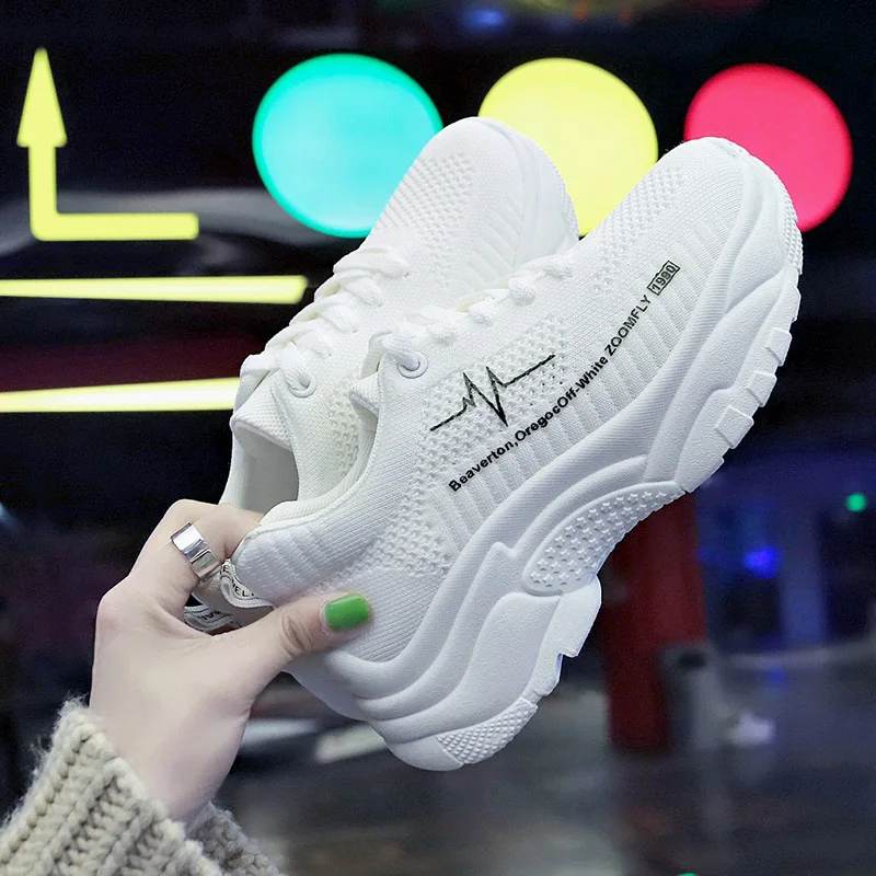 

2019 Spring New Pattern Fly Fabric Dad Shoe Woman All-match. Student Sneakers Ins Ventilation Increase Small White Shoes