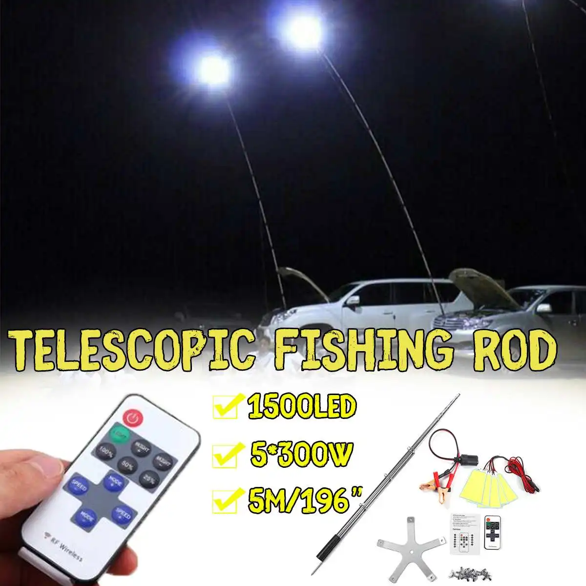 

5M 12V Telescopic Fishing Rod Lamp Car Repair LED Lantern 3000 hours Camping Light with Remote Control for Road Trip Travel