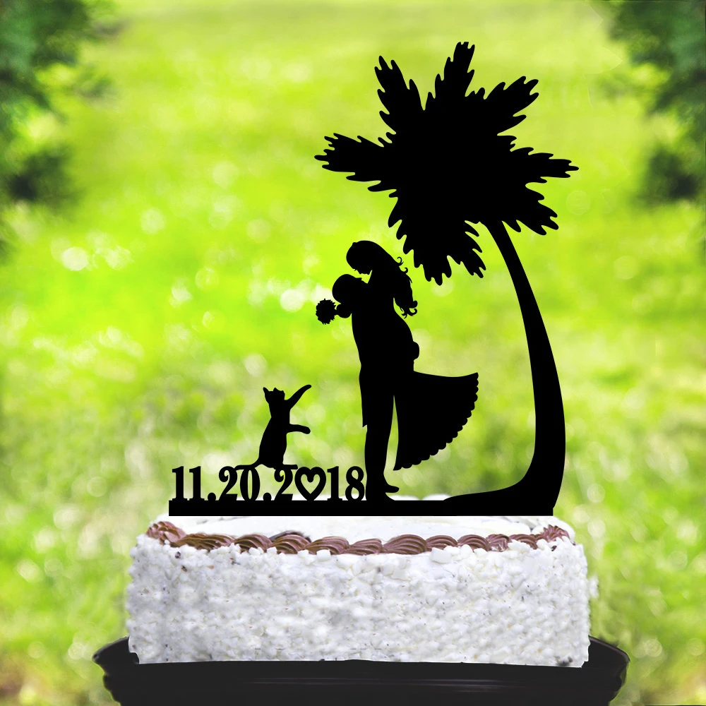 

Beach Wedding Cake Topper ,Personalized Silhouette Bride and Groom Cake Topper, Custom Cat Cake Topper Wedding With Date
