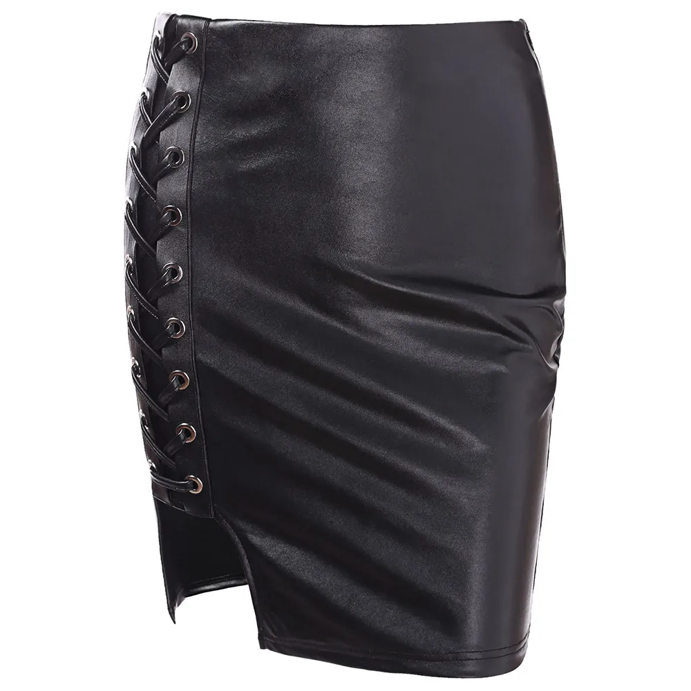 Kenancy Sexy Faux Leather Skirts Lace Up Women Bodycon Skirt High Waist ...