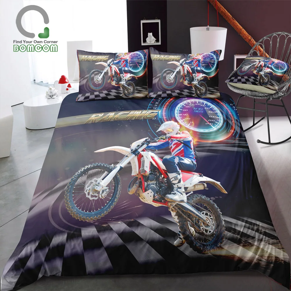 BOMCOM 3D набор постельного белья с цифровой печатью гоночный мотоциклист черный фон с часами пододеяльник набор микрофибра