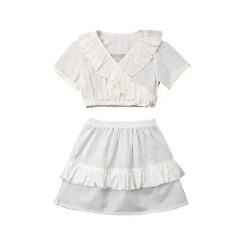 

Toddler Baby Girls Clothes Ruffle V-Neck Tops+Skirts Sunsuit Outfits Children Set Clothes Solid Summer