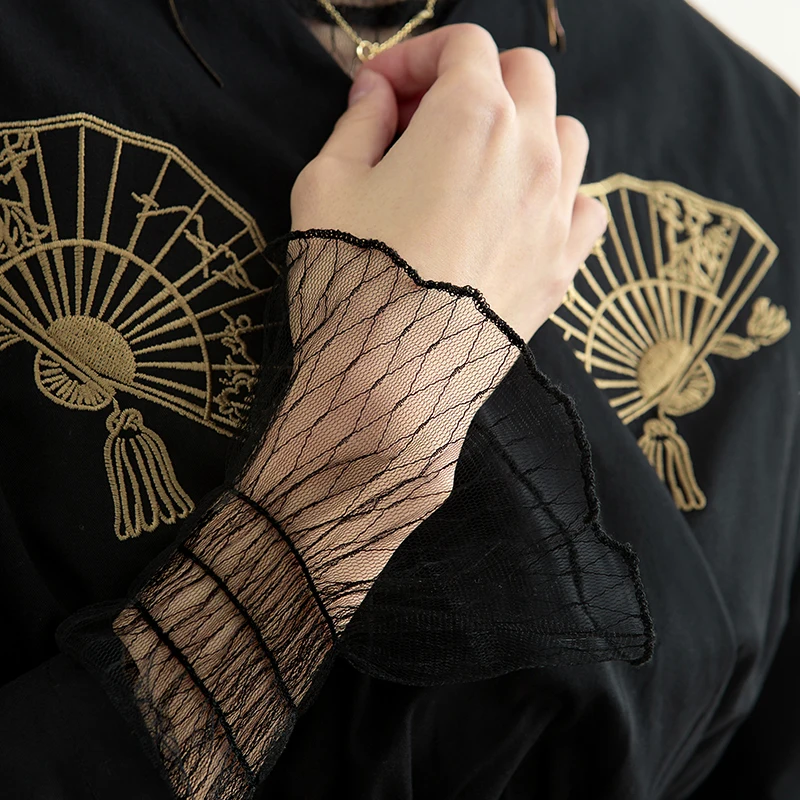 [EAM] Новинка, весна-лето, черная свободная сетчатая блуза со стоячим воротником и длинным Расклешенным рукавом, модная женская блузка JQ291