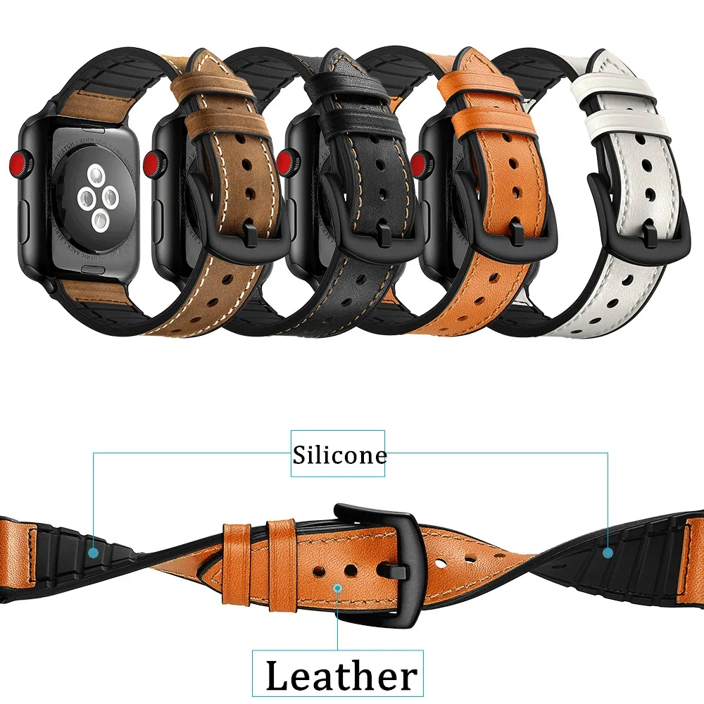 

Soft Silicone + Leather Sports Band for Apple Watch Series 1/2/3/4 38MM 42MM Rubber Watchband 40mm 44mm Wrist Watch Belt Rubber