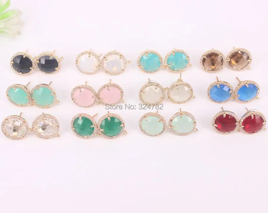 5 Pairs Micro Pave CZ Crystal Glass Round Shape Post Earring Findings with Loop,Cubic Zirconia Crystal Glass Round Stud Earring 5