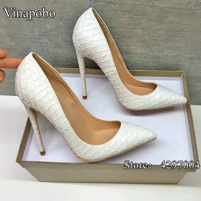 Sexy High Heel Shoes White Snake Print Leather Stilettos Shoes For Women Pointed Toe Slip-on Leather Dress Pumps Wedding Shoes