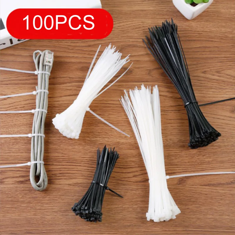

100 Pcs portable Nylon rope tie Milk White Black Adhesive Fastener TapeTies Buckle belt Reel line Accessory office home supplies