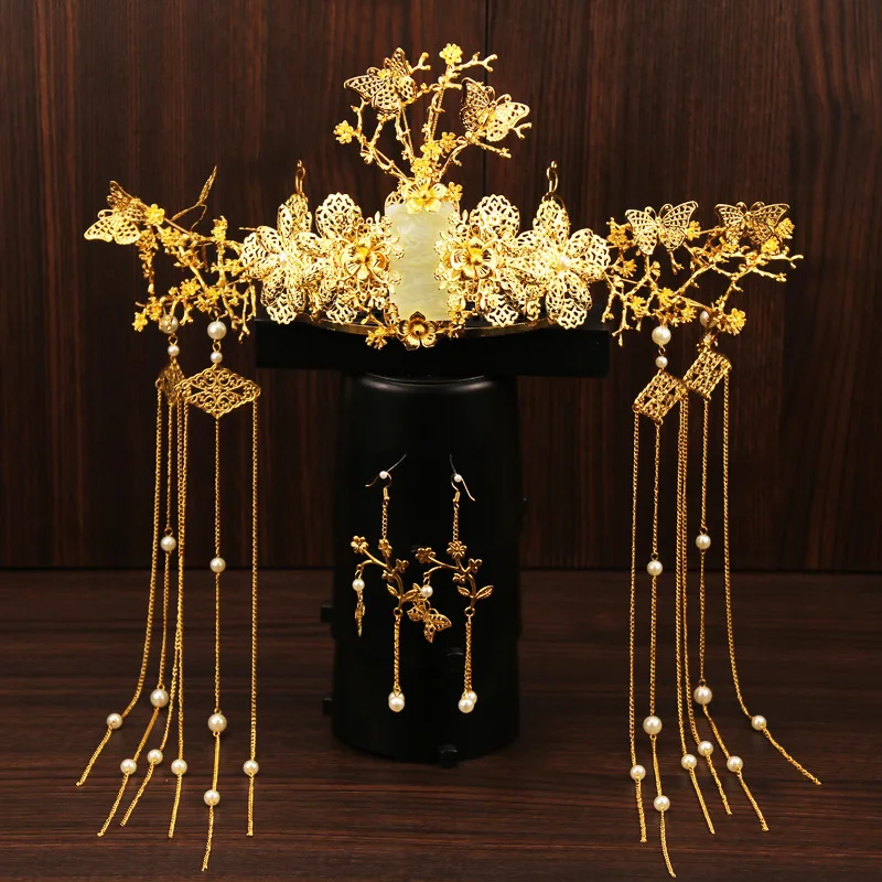 

T1002 Chinese Style Bride Headwear Classical Wedding Hair Accessories Golden Tassels Bridal Crown Earrings