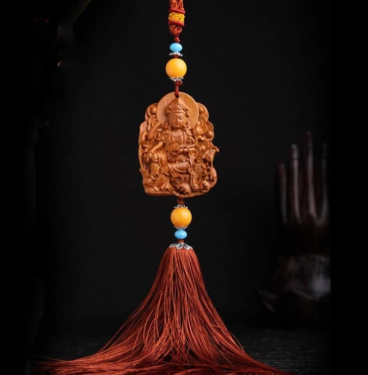 Китайская персиковая резьба по дереву в виде листьев лотоса Guan Yin Kwan-yin Bodhisattva Riding Dragon Изысканная Автомобильная сумка с подвесками