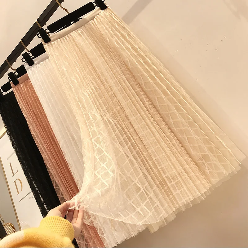 Джинсовая юбка Лидер продаж, акция, сетчатая, None Saia, миди, Женская клетчатая юбка в складку, с завышенной талией, до середины икры, Повседневная Весенняя