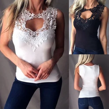 

Summer Women Tank Tops Casual V-Neck White Tops Women Sexy Lace Patchwork Beach Top Female Camisole Hollow Feminina Blouse