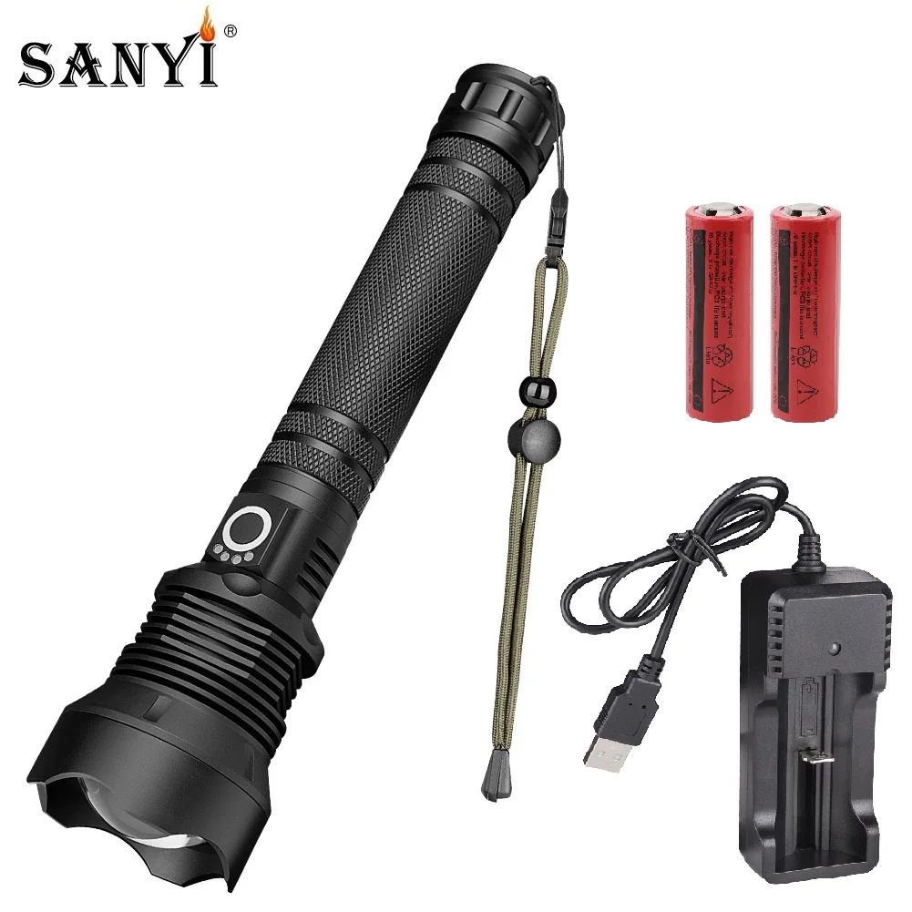 

Powerful LED Flashlight Zoomable Torch Tactical Camping Light 3 Switch Modes Bicycle Light With Hand Rope Use 2*26650 Battery