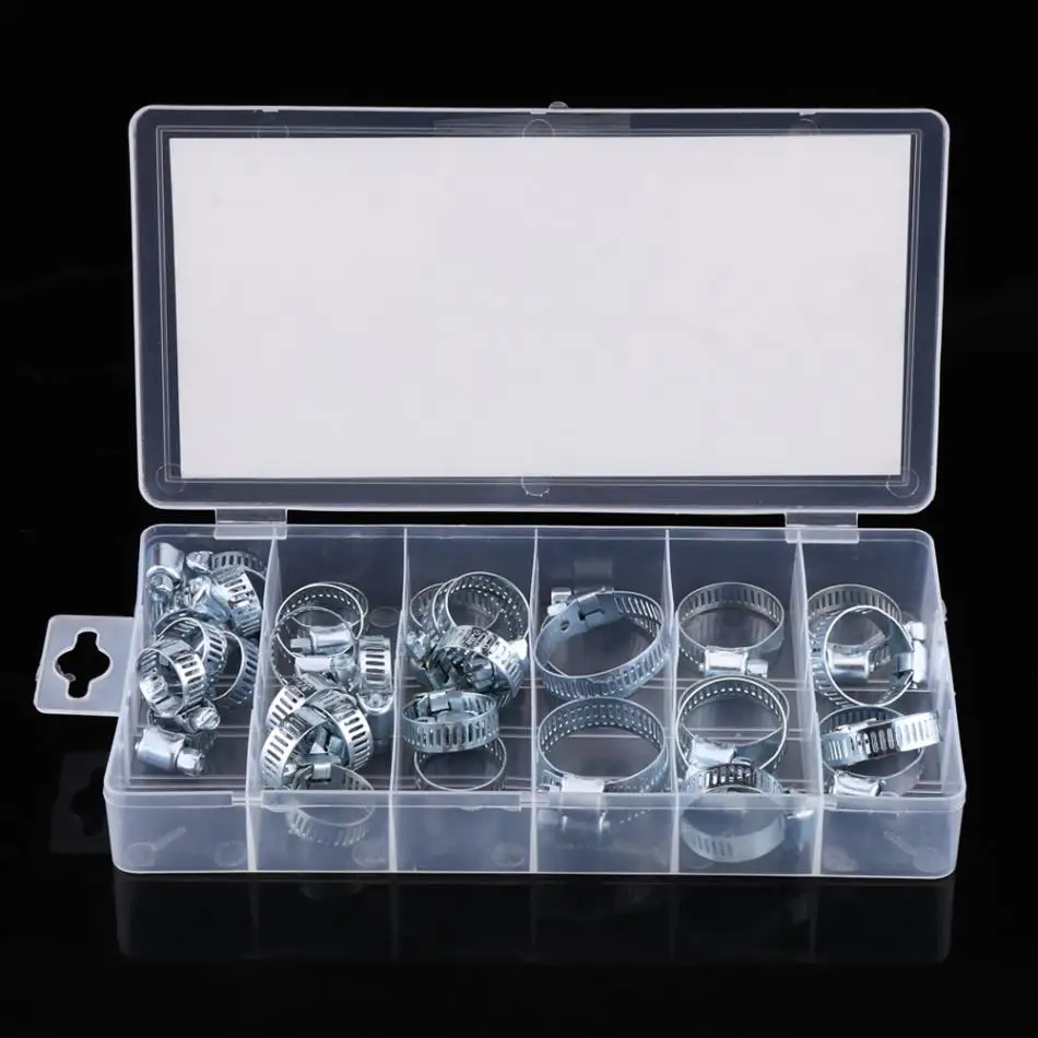 

Hot 34pcs/set Stainless Steel Screw Band Hose Clamps Fuel Pipe Worm Gear Clips Fastener Assortment With Box