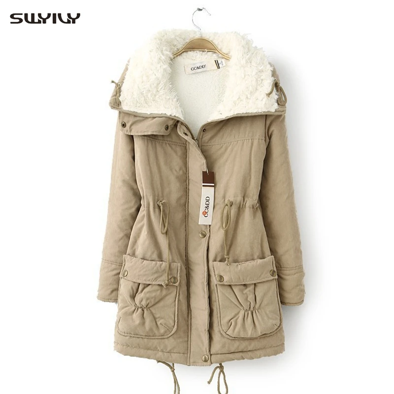 

SWYIVY Women's Cotton Padded Coat Winter 2019 Long Paragraph Lamb Cashmere Coats Drawstring Casual Slim Jacket Outwear For Woman