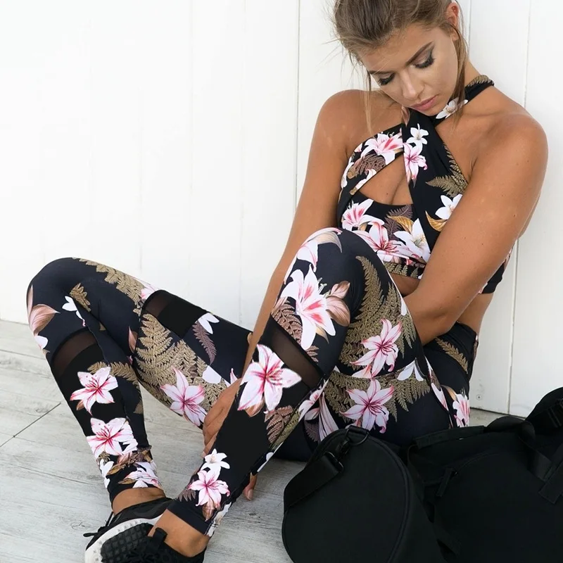 

Floral Sexy Yoga Suit Sleeveless Workout Clothes For Women Fashion Sport Leggings Bras Suit Yoga Set Fitness Gym Wear