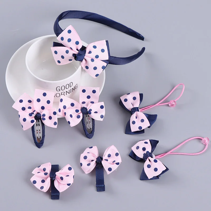 7pcs/set hair accessory set bow flower headband hair clip stretch hair rope cute candy color girls hair ring Cloth headwear set
