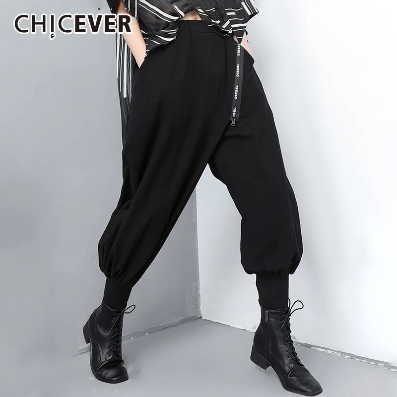 

CHICEVER Spring Patchwork Letter Zipper Women Black Pants Elastic Waist Mid Female Front Flat Wide Leg Pants 2019 Fashion New