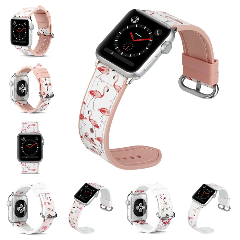 

Silica gel Genuine Leather Strap for Apple Watch Series Watch 5 4 3 2 1 Band 38mm 42mm 40mm 44mm Flamingo Watchband for iWatch