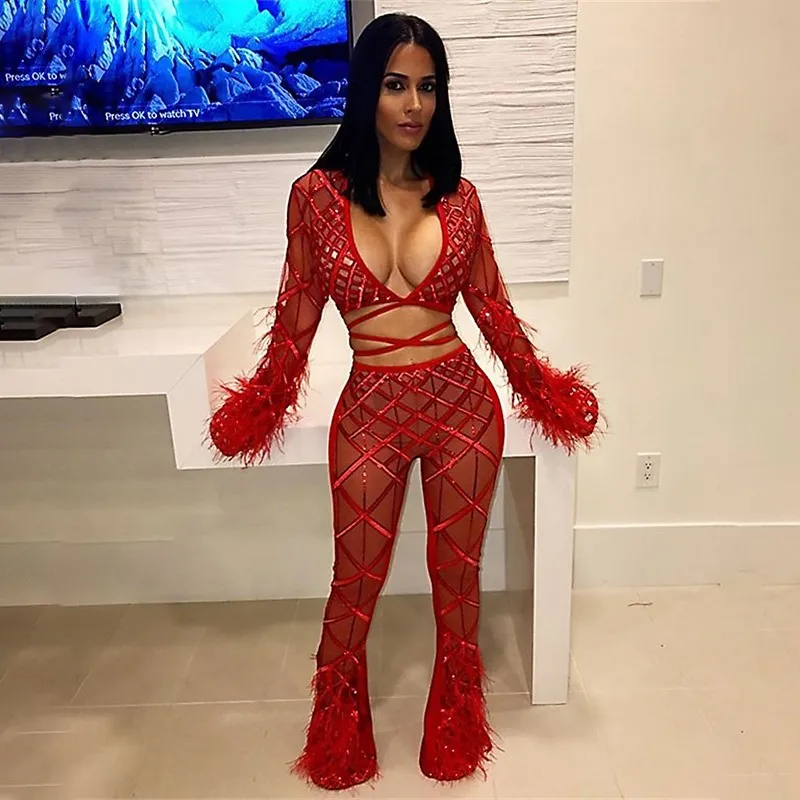 

Slaygirl Sexy Feathers V Neck 2 Piece Pants Set women 2018 Sequin Mesh Bandage Flare Sleeve Loose Wide Leg Two Piece Pants Set