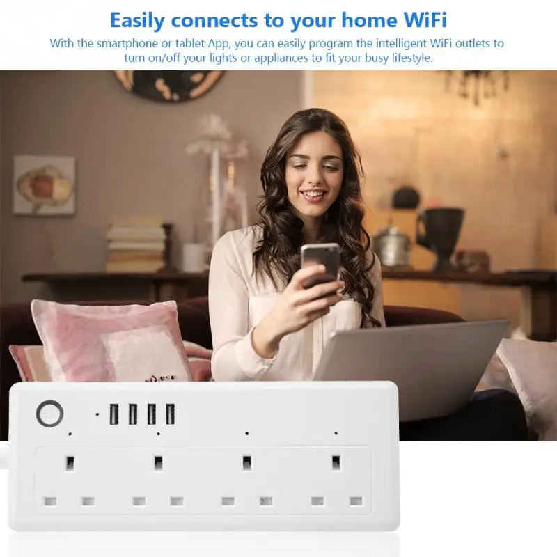 

Durable WiFi Power Strip Surge Protector Smart 4 USB Ports Plug Voice Controlled 100-240V EU Plug 2019 New