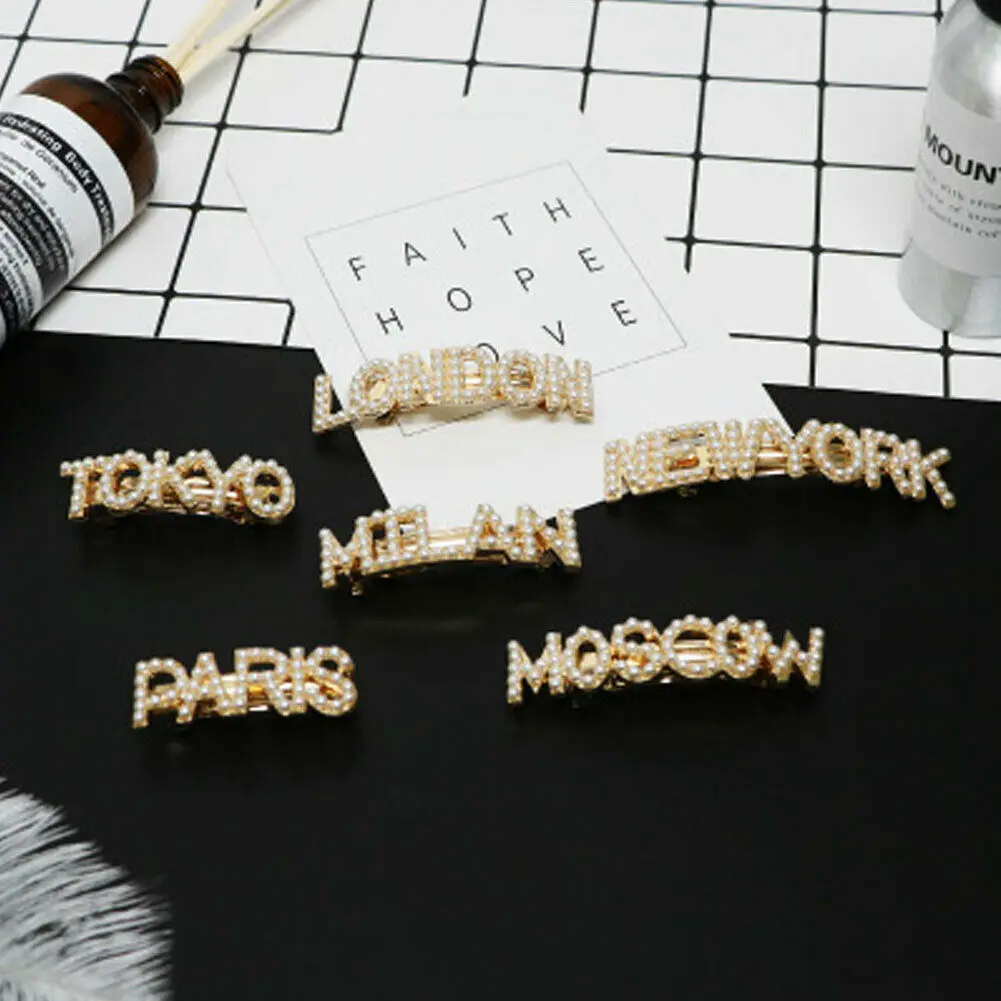 

1 pc City Letter Pearls Metal Hair Clip Women Barrette New York Tokyo Paris London Cities Names Letters Hairpin Headwear