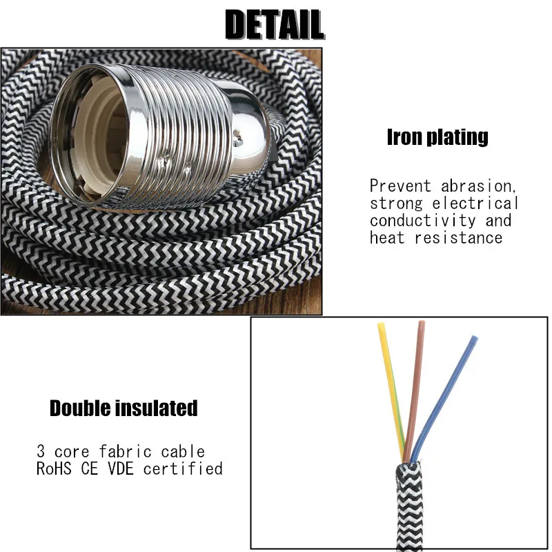 Лучший 3 core E27 3/4 м Винтаж Ткань Веревка кабель шнур подвесной светильник Светильник лампы держатель гнезда 5 видов цветов с двойной изоляцией