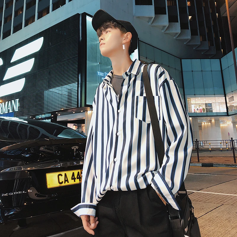 

Men's Shirt 2019 Spring and Autumn New Stripe Long Sleeve Loose Lapel Vertical Stripe Student Casual Youth Men's Wear