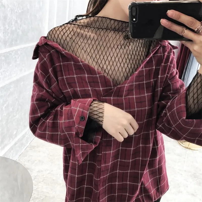 2019 Fashion Women Patchwork Tops Ladies Long Sleeve Net Shirts Casual  Off Shoulder Plaid Blouse