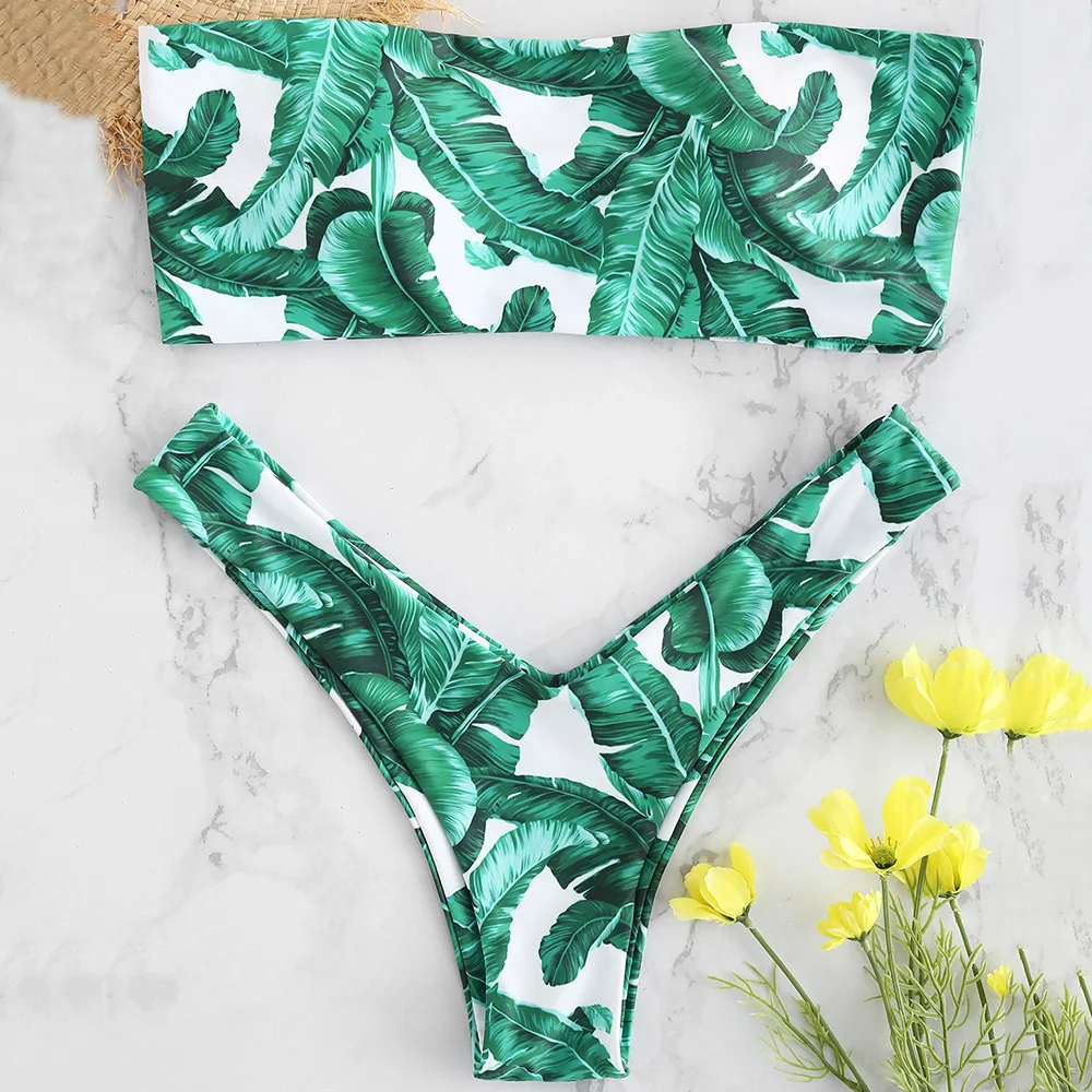 

ZAFUL Bikini High Cut Swimsuit Swimwear Women Two Piece Strapless Bralette Bathing Suit Leaf Printed Swimming Suit Biquni